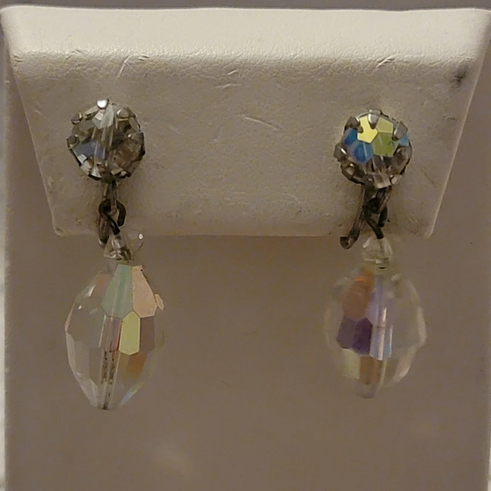 Vintage Aurora Borealis AB Glass Drop Screw Back Earrings Silver Tone